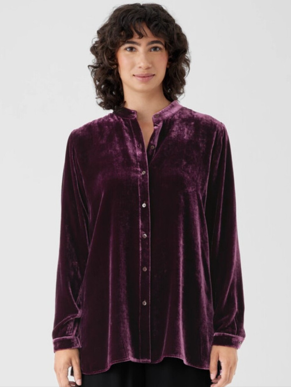 Eileen Fisher Velvet Band Collar Long Shirt Plum Burgundy Silk Medium